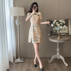 2024夏装新款中式国风改良旗袍女复古修身显瘦盘扣短袖开叉连衣裙