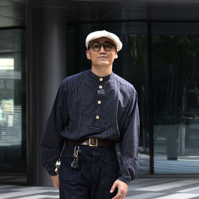 SJ立领长袖法式工装条纹衬衫男女