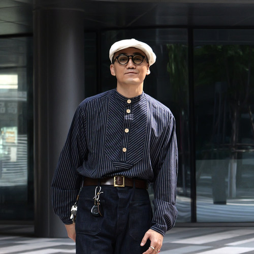 SJ立领长袖法式工装条纹衬衫男女
