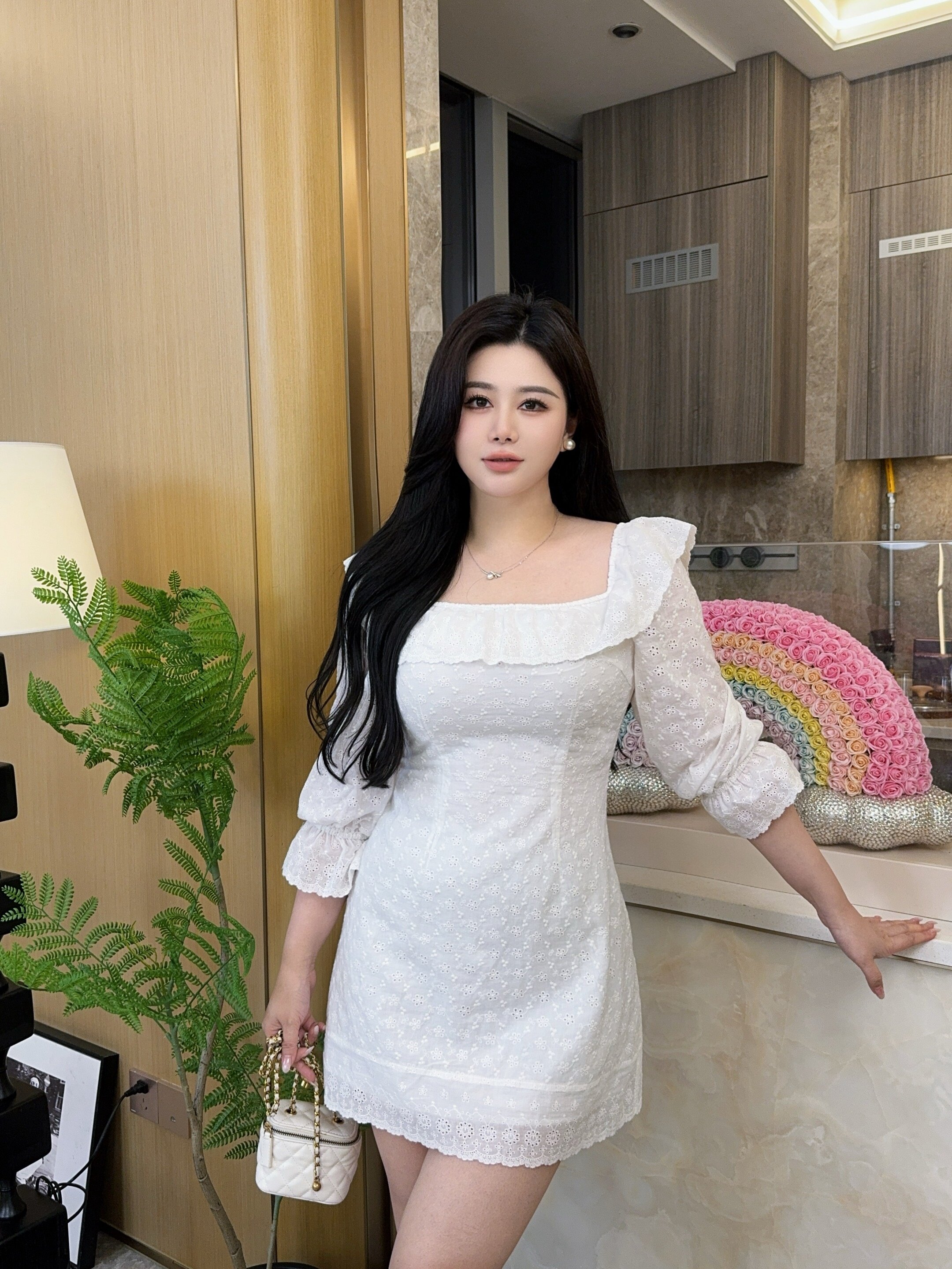 Jasmine微胖大码女装夏季白色显瘦花边收腰法式蕾丝连衣裙胖mm