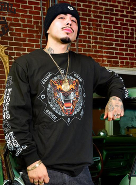 TRIBAL豹头美式嘻哈涂鸦长袖T恤街舞滑板高街复古重磅vibe风街头
