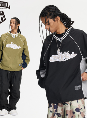 TRIBAL美式嘻哈街头涂鸦刺绣街舞风拼接V领棒球服复古街头风外套