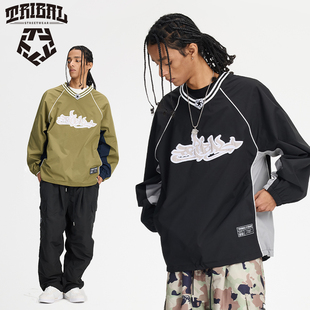 TRIBAL美式嘻哈街头涂鸦刺绣街舞风拼接V领棒球服复古街头风外套