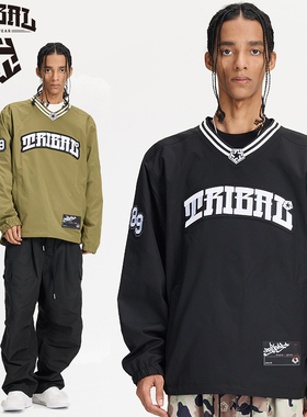 TRIBAL美式嘻哈街头涂鸦字母刺绣V领卫衣oversize复古hiphop上衣