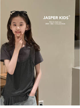 波拉JASPER童装女童假两件荷叶边短袖T恤2026夏季洋气不规则上衣