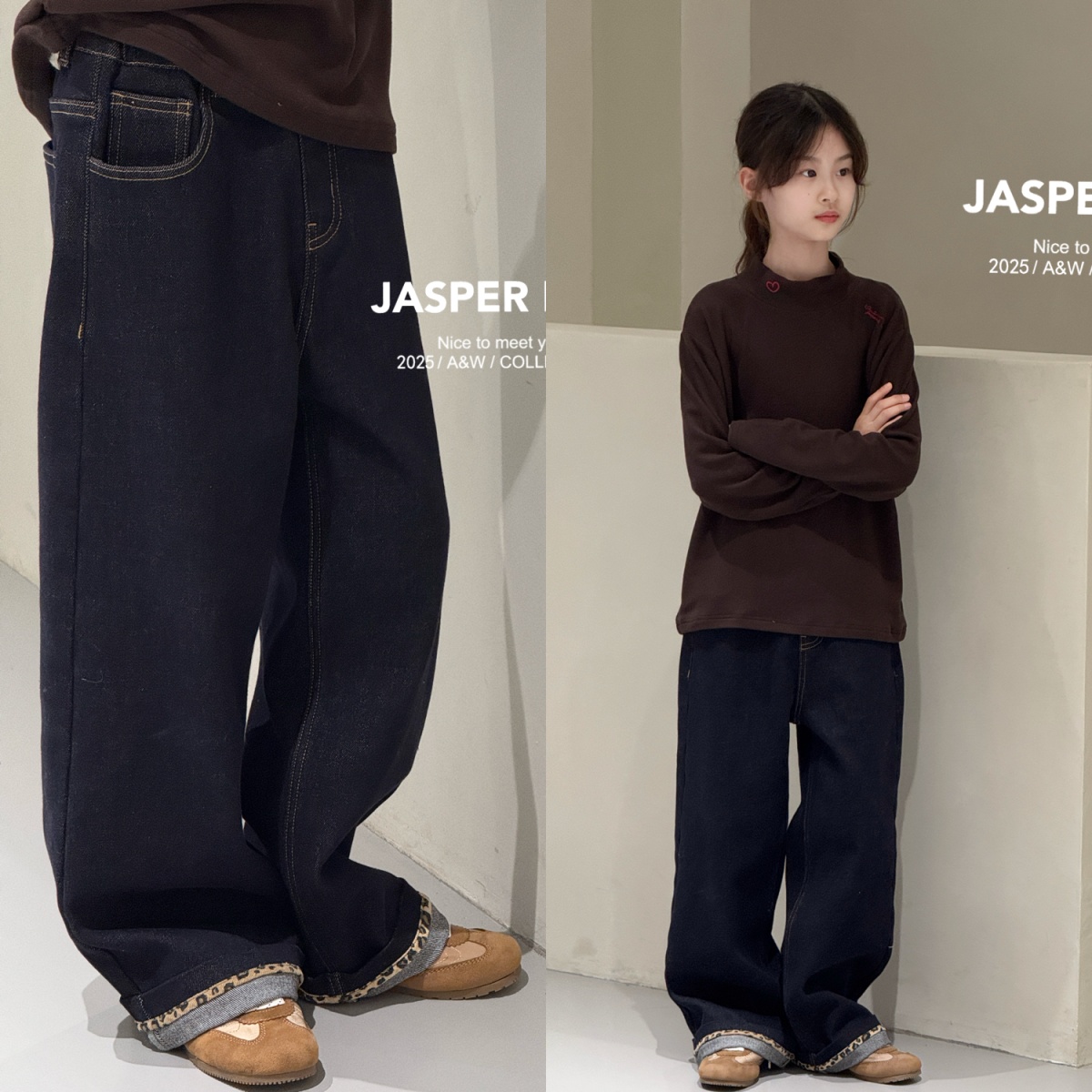 波拉bora儿童深蓝加绒牛仔裤