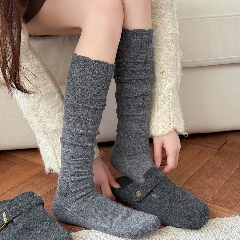 日系复古镂空羊毛小腿袜子女中筒堆堆袜秋冬保暖配靴子长筒袜靴袜