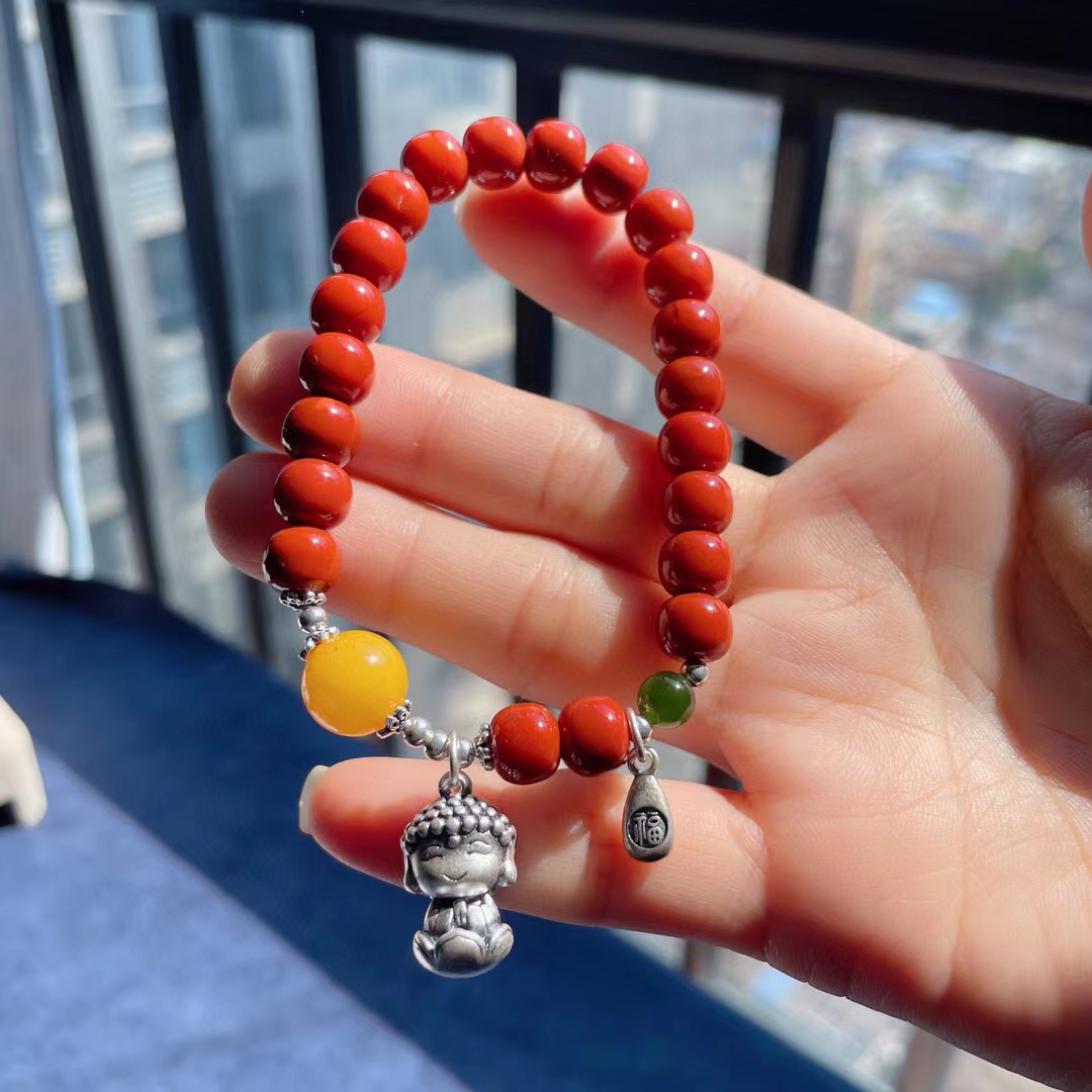 满肉满色苹果珠南红手串弥勒佛吊坠天然纯银蜜蜡小众原创本命年女