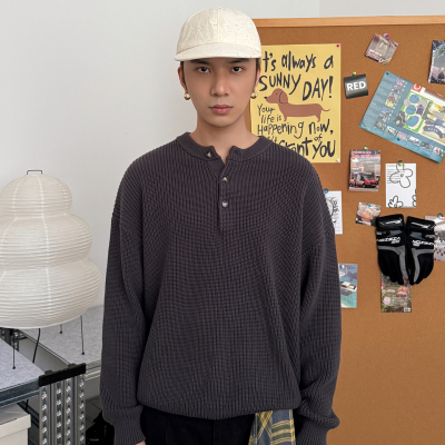 TNMK慵懒老钱风针织亨利领毛衣潮