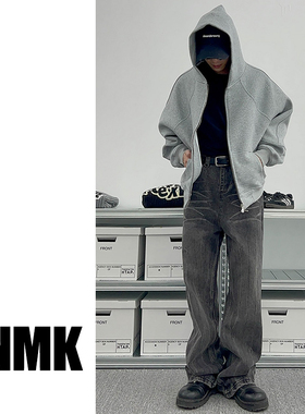 TNMK美式重磅500G灰色开衫卫衣男女纯色落肩袖连帽短款宽松外套潮