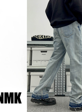 TNMK复古美式洗水刀割破坏裤脚拉须直筒裤宽松基础蓝色做旧牛仔裤