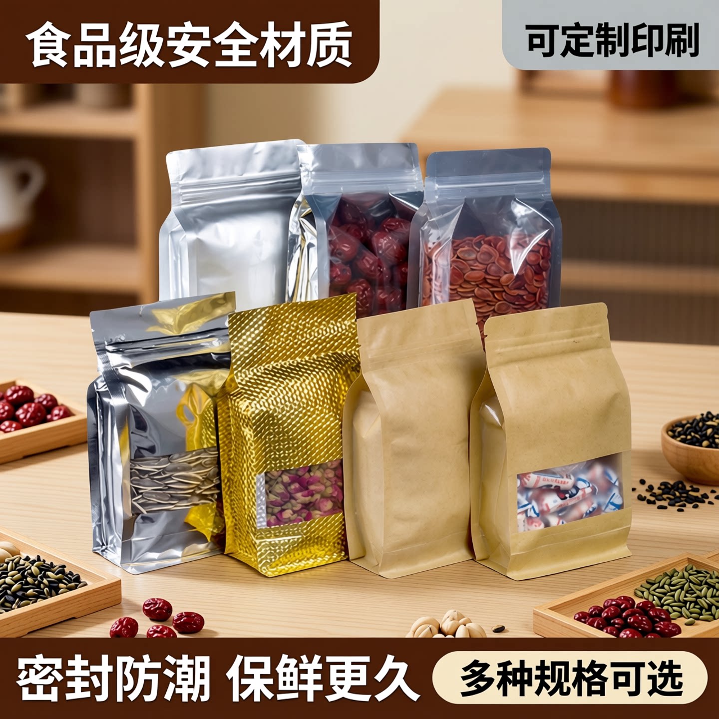 透明八边封袋铝箔方砖袋牛皮纸3D立体袋食品级包装袋可印刷50个