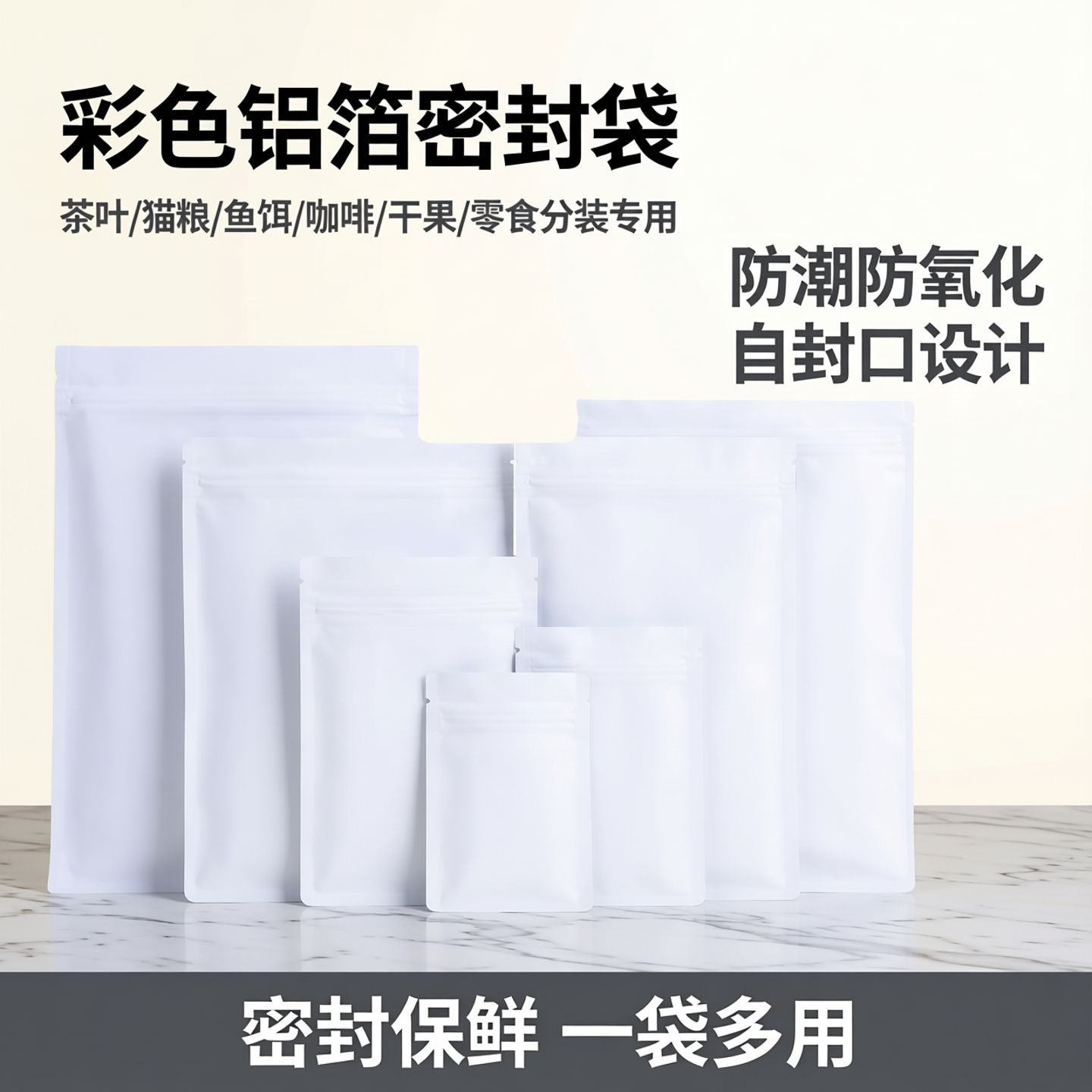 彩色铝箔茶叶密封袋自封口猫狗粮鱼饵咖啡干果零食品分装袋子白色