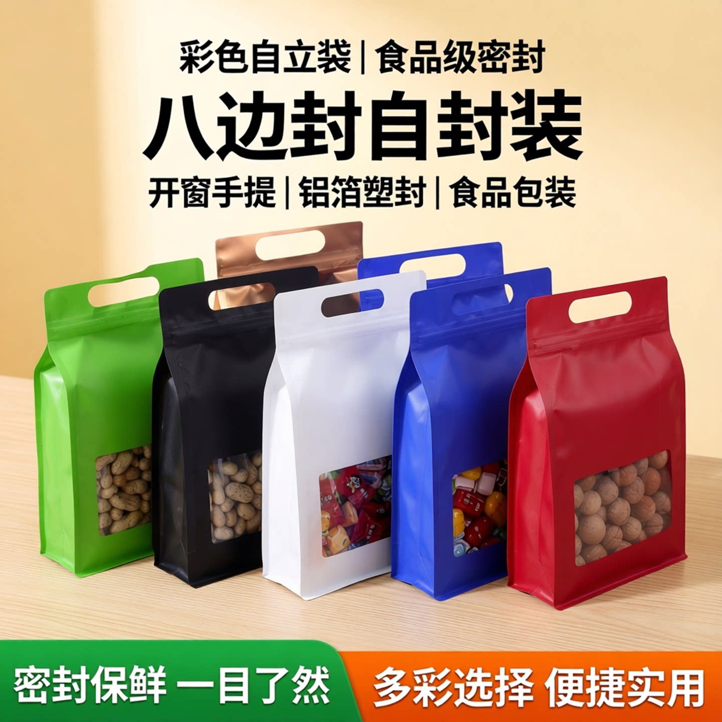 彩色八边封自封袋开窗手提自立袋塑封口铝箔袋食品包装袋密封镀铝