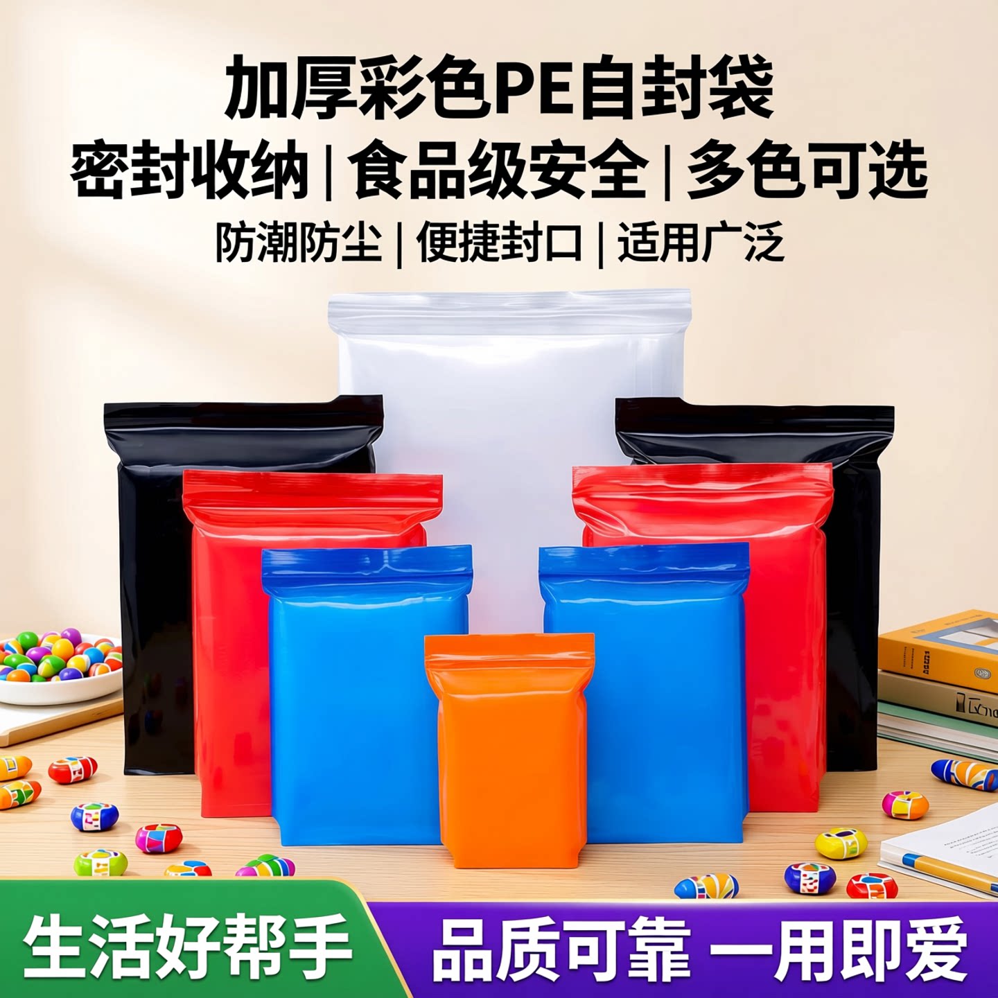 加厚彩色pe自封袋透明包装袋子小号密封袋塑料口袋收纳袋食品袋