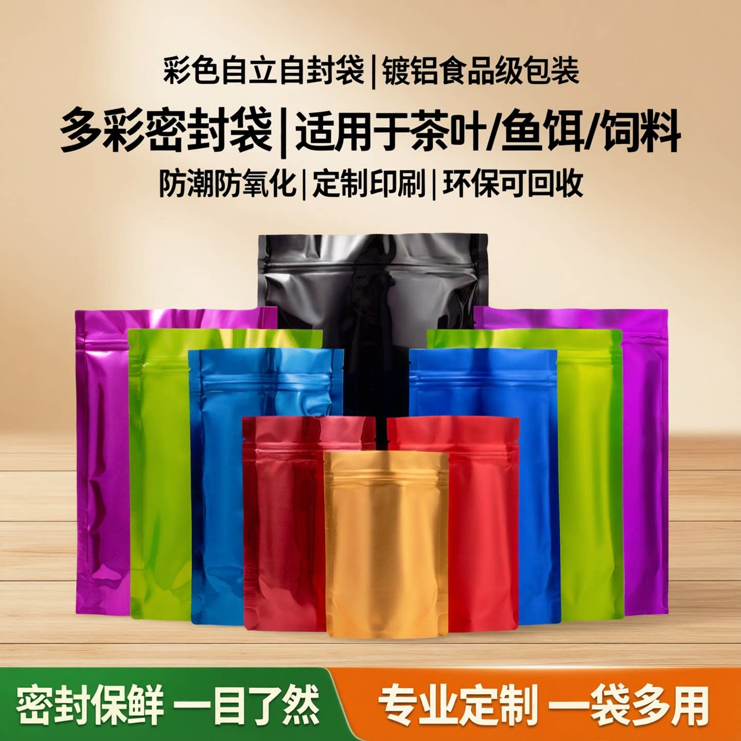 彩色自立自封袋食品铝箔袋茶叶鱼饵饲料镀铝塑料包装袋子定制印刷