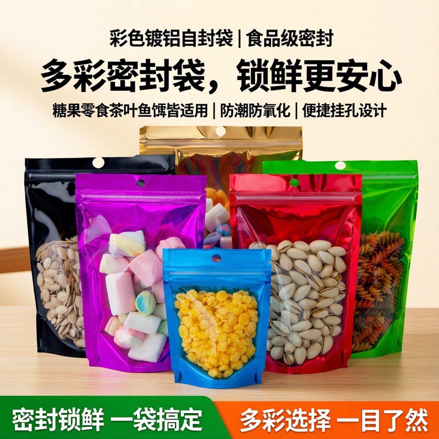 彩色自立自封袋糖果花茶叶鱼饵零食品镀铝包装袋挂孔铝箔密封袋子