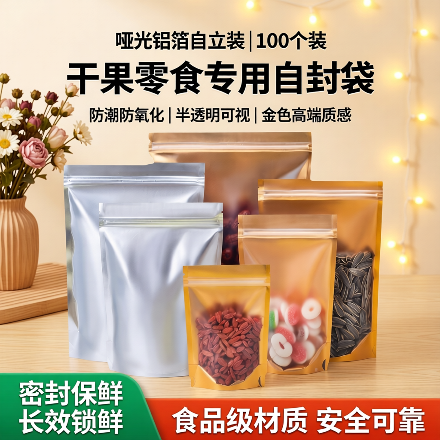 哑铝内金色阴阳自立骨袋半透明包装袋特产干果食品自封袋100个价