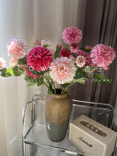 3头大丽菊仿真花摄影道具暗黑色大丽花卷边球菊家居摆件粉色花束