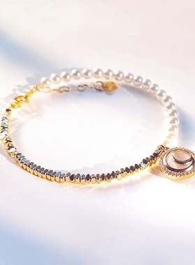 原创女珍珠碎金小众月亮手链秋冬