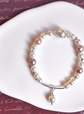 原创女珍珠紫色高贵闪手镯银