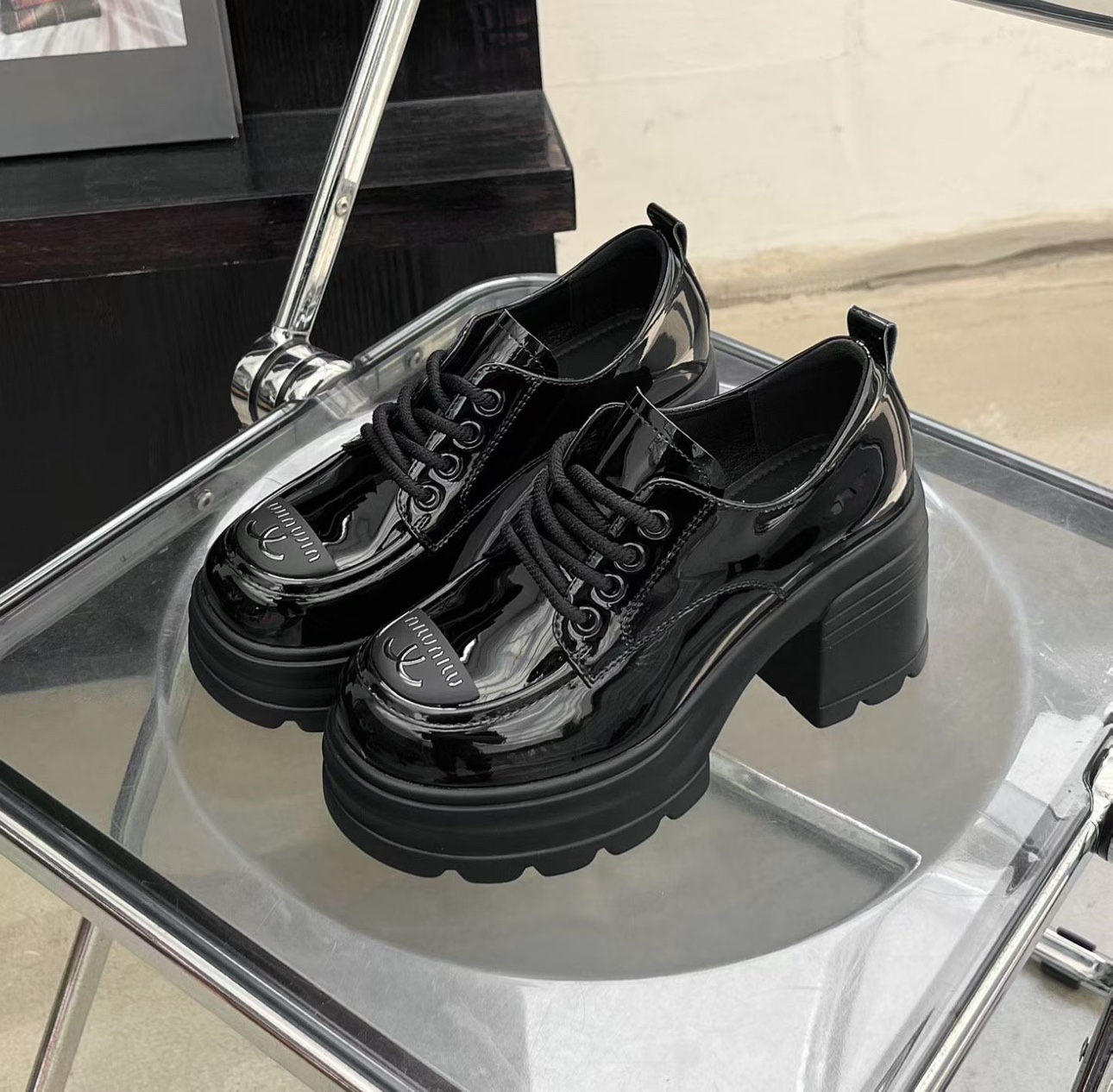 小香风厚底漆皮乐福鞋女新款小个子增高小皮鞋百搭粗跟单鞋