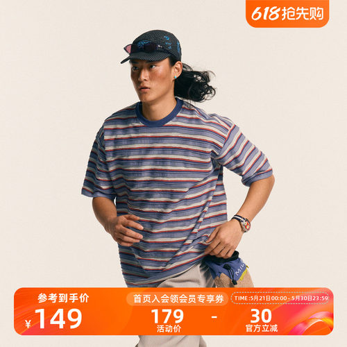 瞬时山野复古撞色条纹短袖T恤男