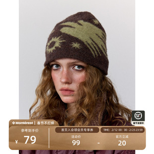 瞬时山野Monterest复古提花图案刺绣logo拉毛针织冷帽保暖毛线帽