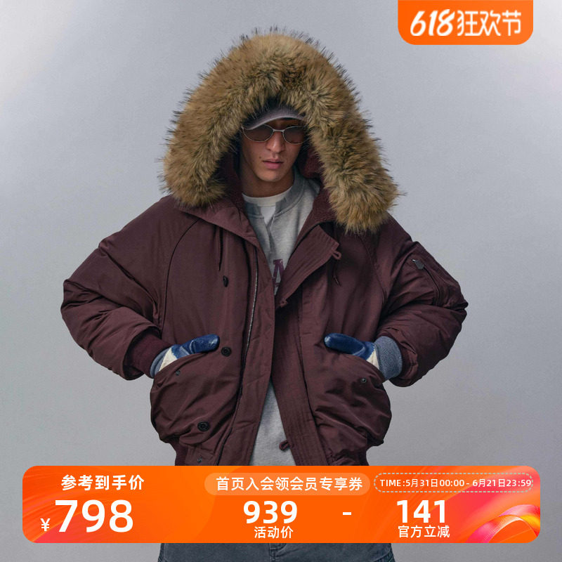 瞬时山野Monterest户外防风N2B可拆卸仿毛领短款宽松工装羽绒服男
