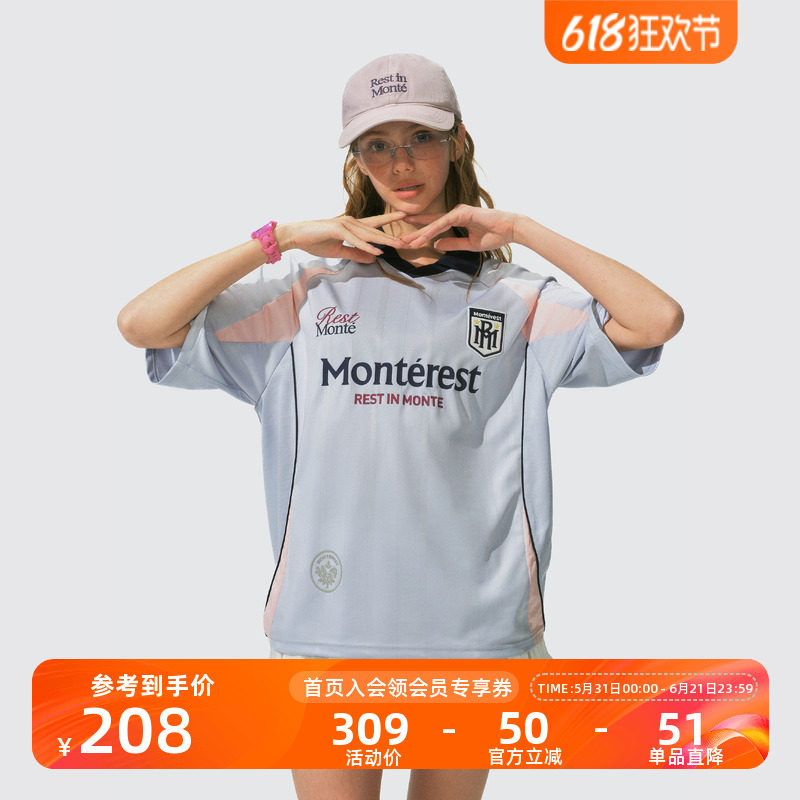 瞬时山野Monterest户外复古运动印花球衣polo衫宽松圆领短袖T恤男