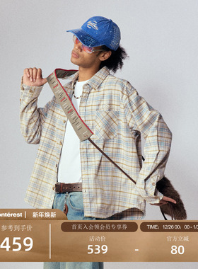 瞬时山野Monterest复古美式做旧洗水毛边破洞补丁长袖格纹衬衫