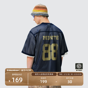 瞬时山野Monterest户外复古Slogan标语印花镂空网眼球衣短袖T恤男