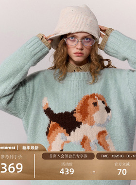 瞬时山野Monterest宽松小狗图案圆领落肩粗针针织毛衫毛衣慵懒感