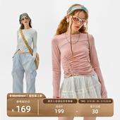 瞬时山野Monterest户外5A抗菌羊毛混纺打底抽褶修身 圆领T恤女 长袖