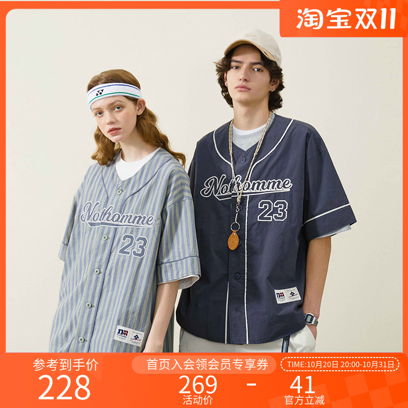 NOTHOMME 贴布绣潮牌夏季复古休闲学院风短袖条纹全棉棒球衬衫男