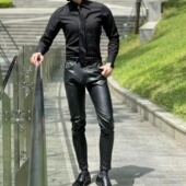 韩版 修身 机车潮流紧身休闲裤 男弹力皮裤 PU防风挡雨保暖雅痞休闲裤