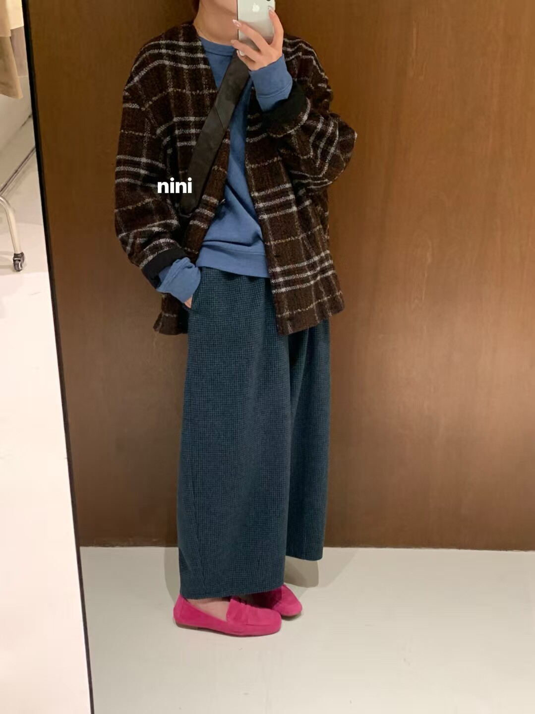 nini韩系简约羊毛呢格子阔腿休闲裤女2025秋冬新款百搭阔腿九分裤