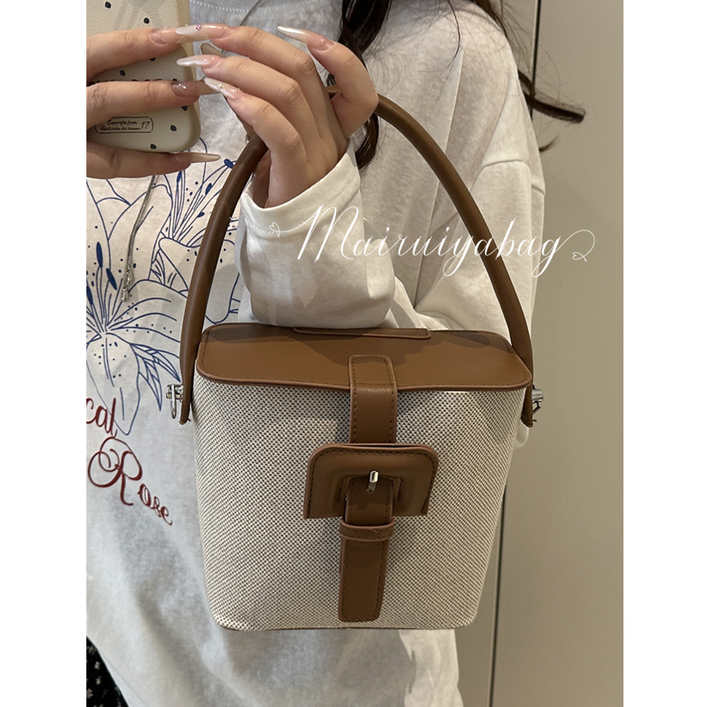 质感高级撞色拼接复古条纹水桶包