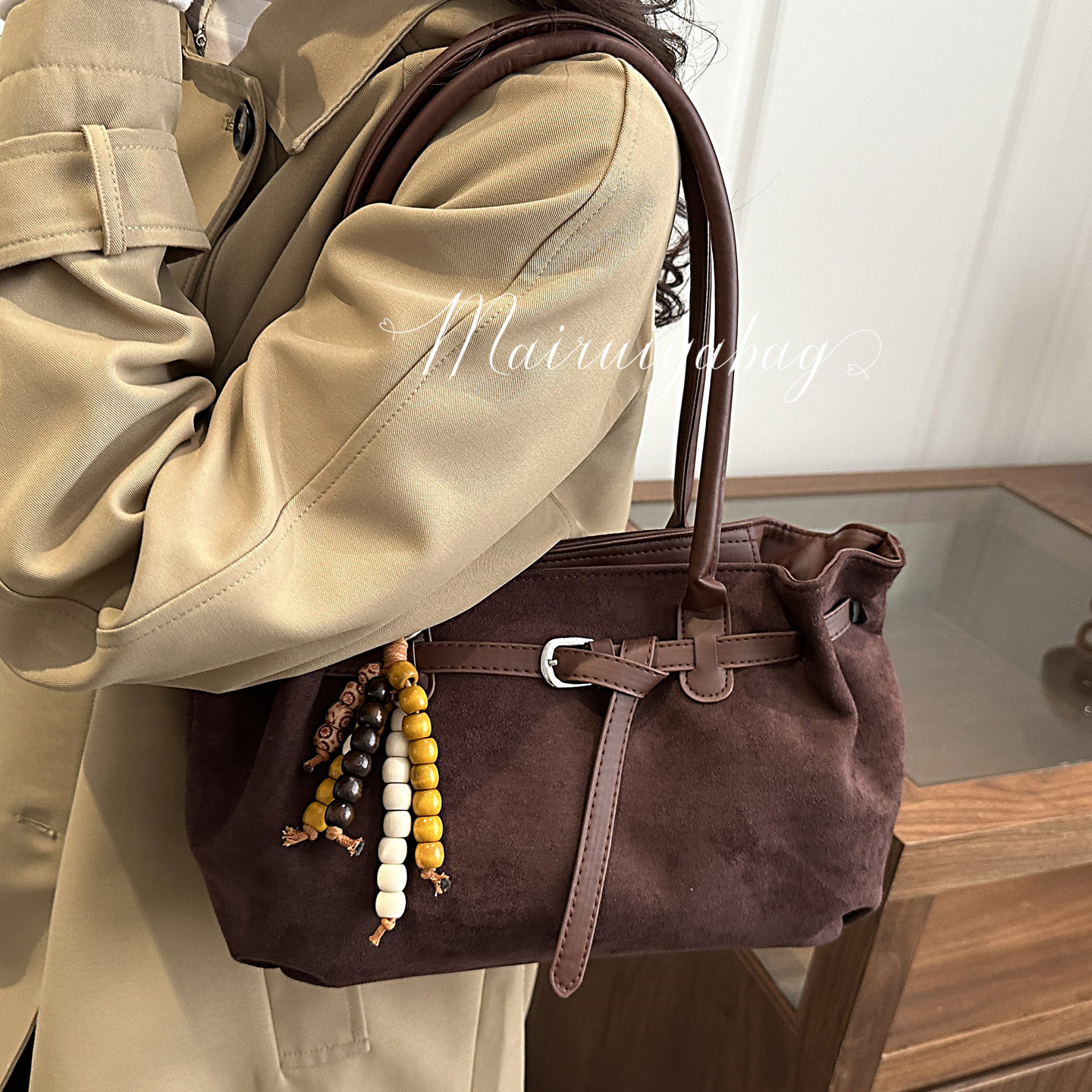 外出上班通勤麂皮绒大容量托特包