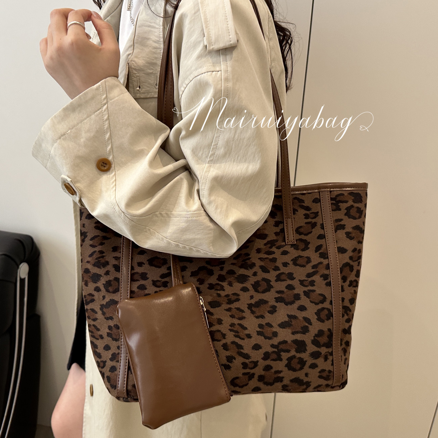 复古麂皮豹纹大容量通勤托特包