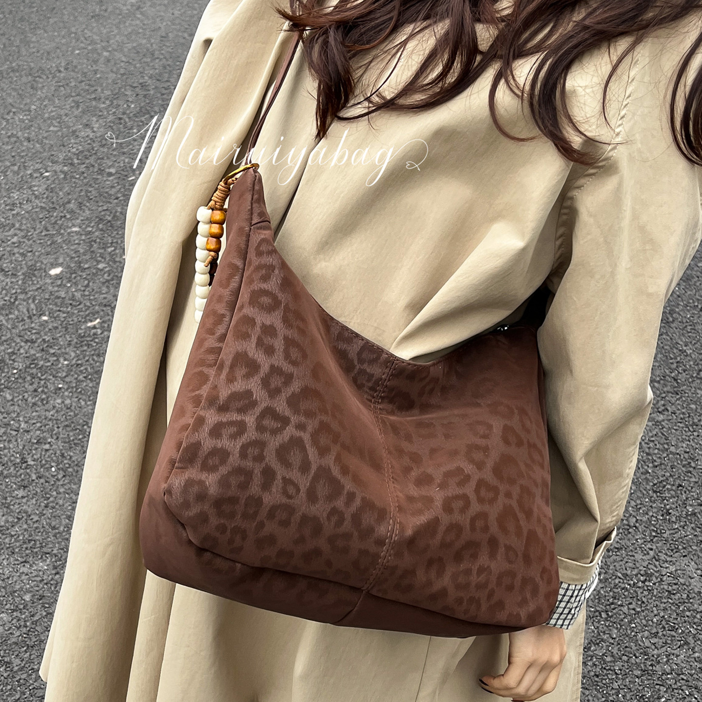 学院风豹纹复古大容量单肩托特包