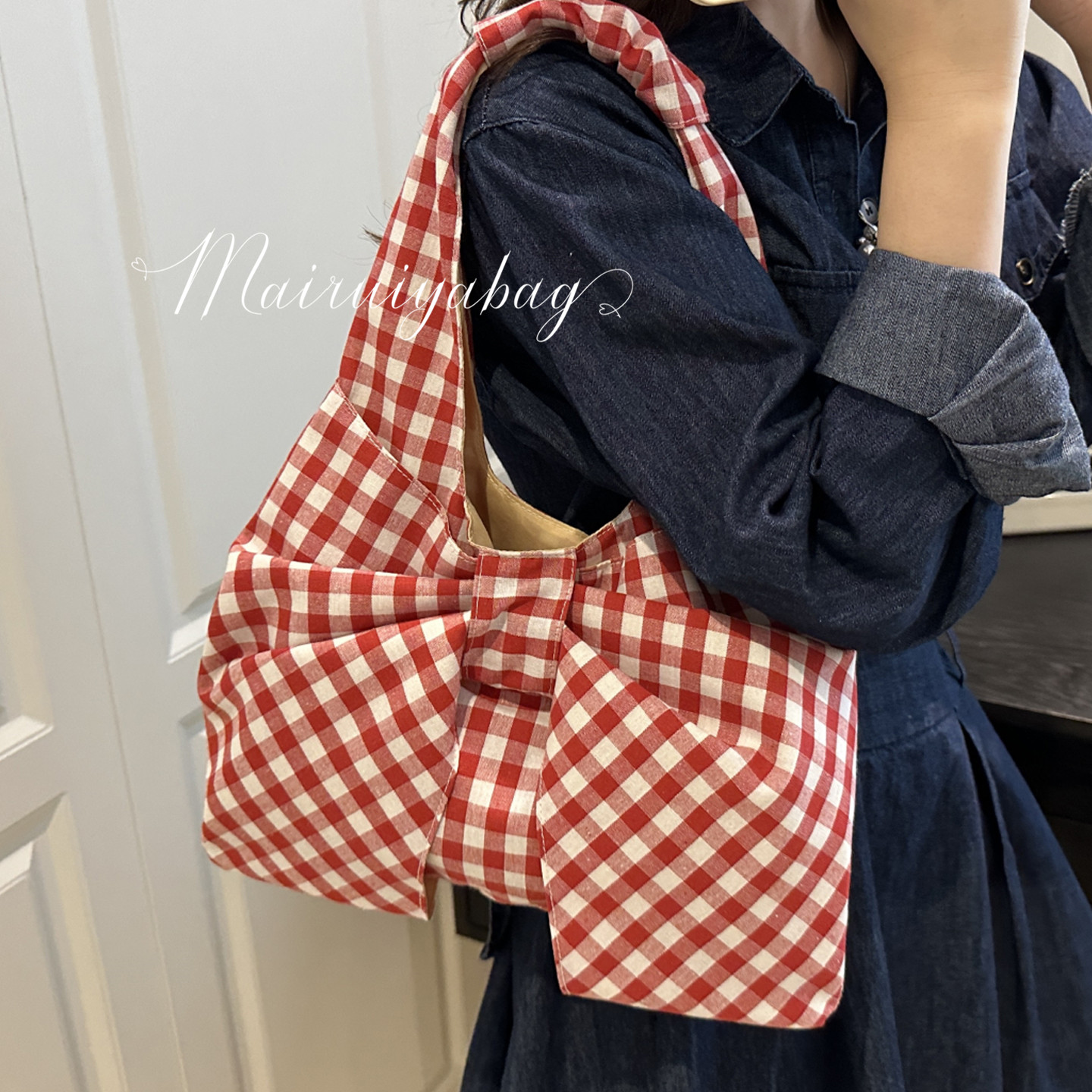 时尚休闲蝴蝶结格纹通勤托特包