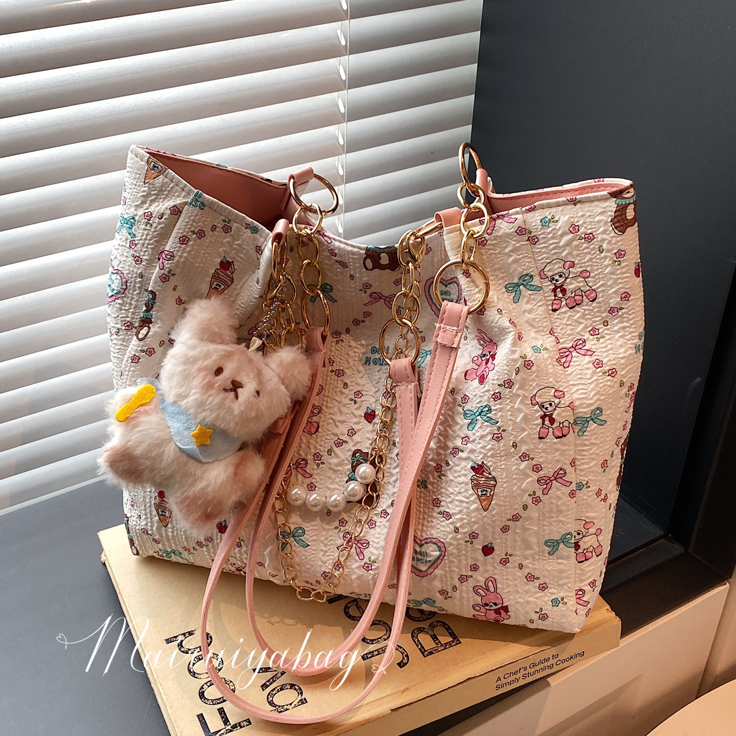 洋气可爱碎花珍珠链条通勤托特包