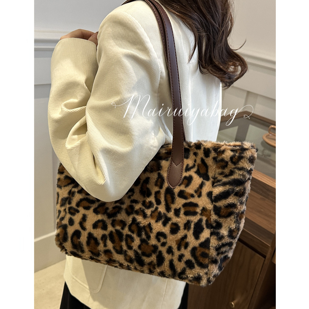 麦瑞雅豹纹毛毛绒通勤单肩托特包