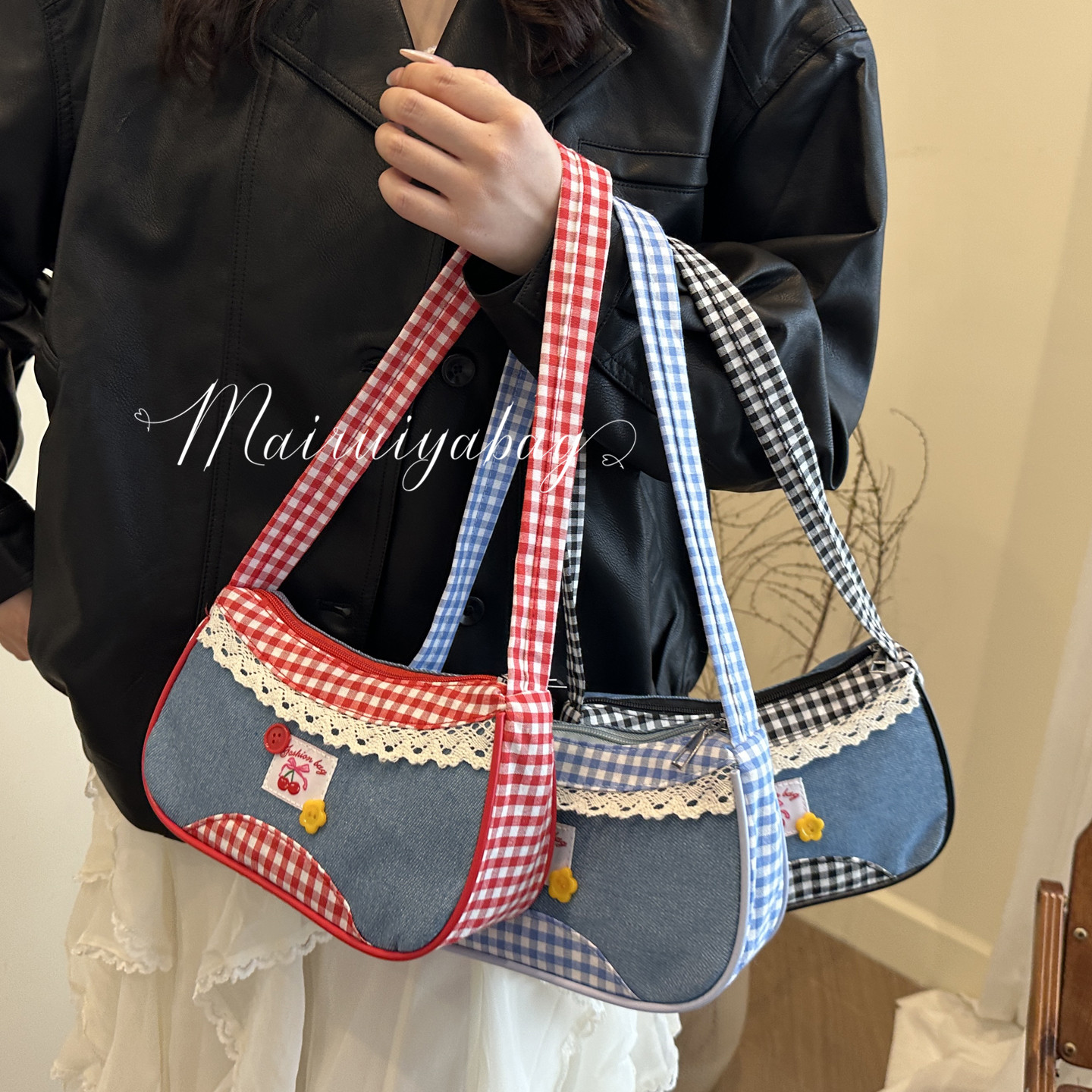 蕾丝花边格子休闲腋下通勤小方包