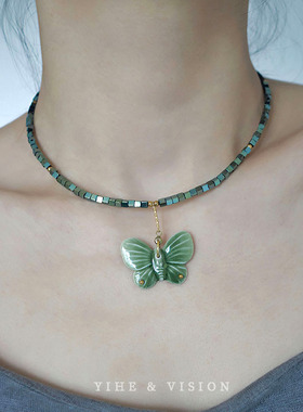 蝴蝶串珠项链YIHE绿蝶小众百搭
