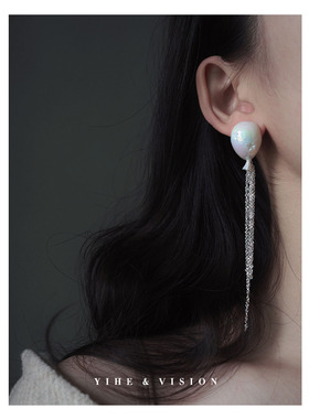 YIHE   春季新品原创设计炫彩陶瓷气球银白流苏长款925银耳钉