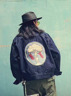 Taters and Rys美式复古蘑菇云刺绣炸弹工装牛仔丹宁休闲夹克