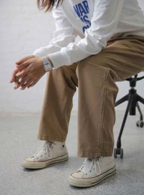 Taters and Rys美式复古水洗宽松日系卡其高腰打褶chino休闲裤
