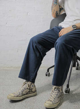 Taters and Rys美式复古水洗宽松日系蓝色高腰打褶chino休闲裤